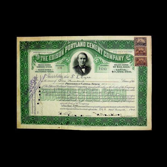 The Edison Portland Cement Company Stock Certificate from 1899