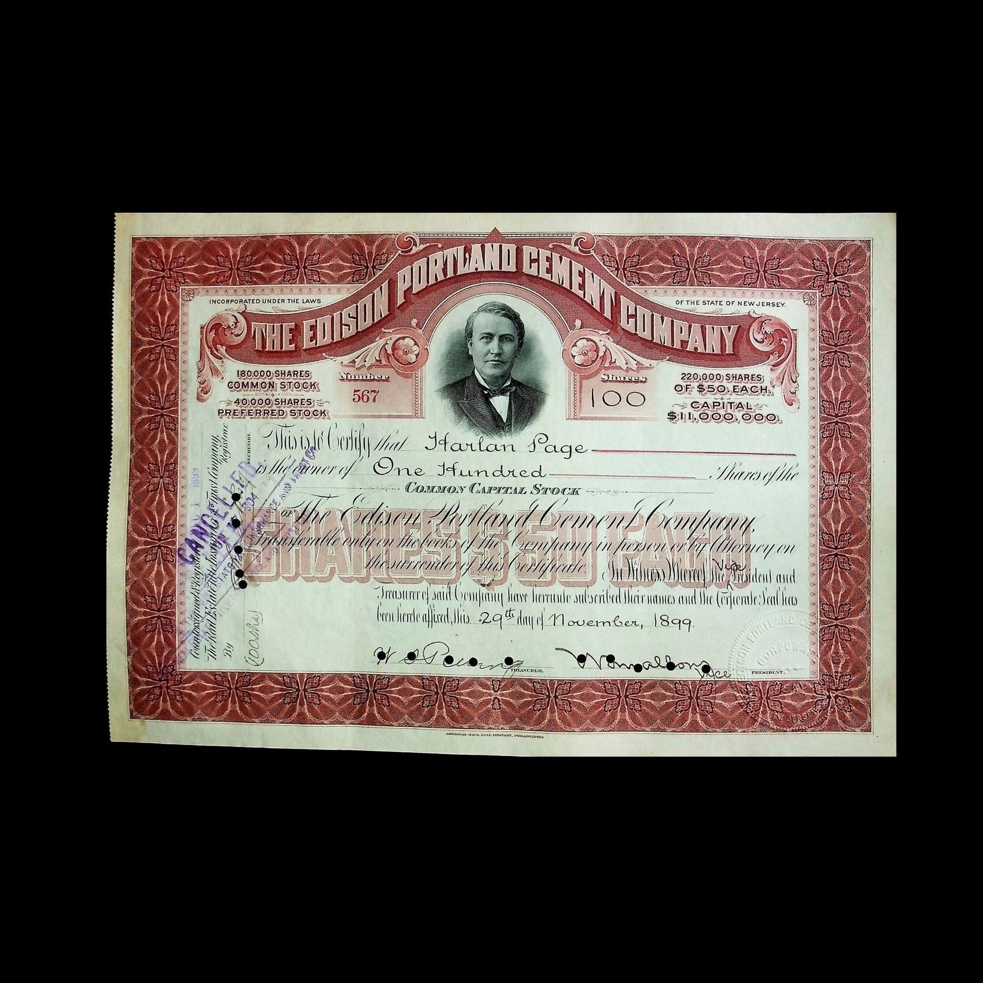 The Edison Portland Cement Company Stock Certificate from 1899