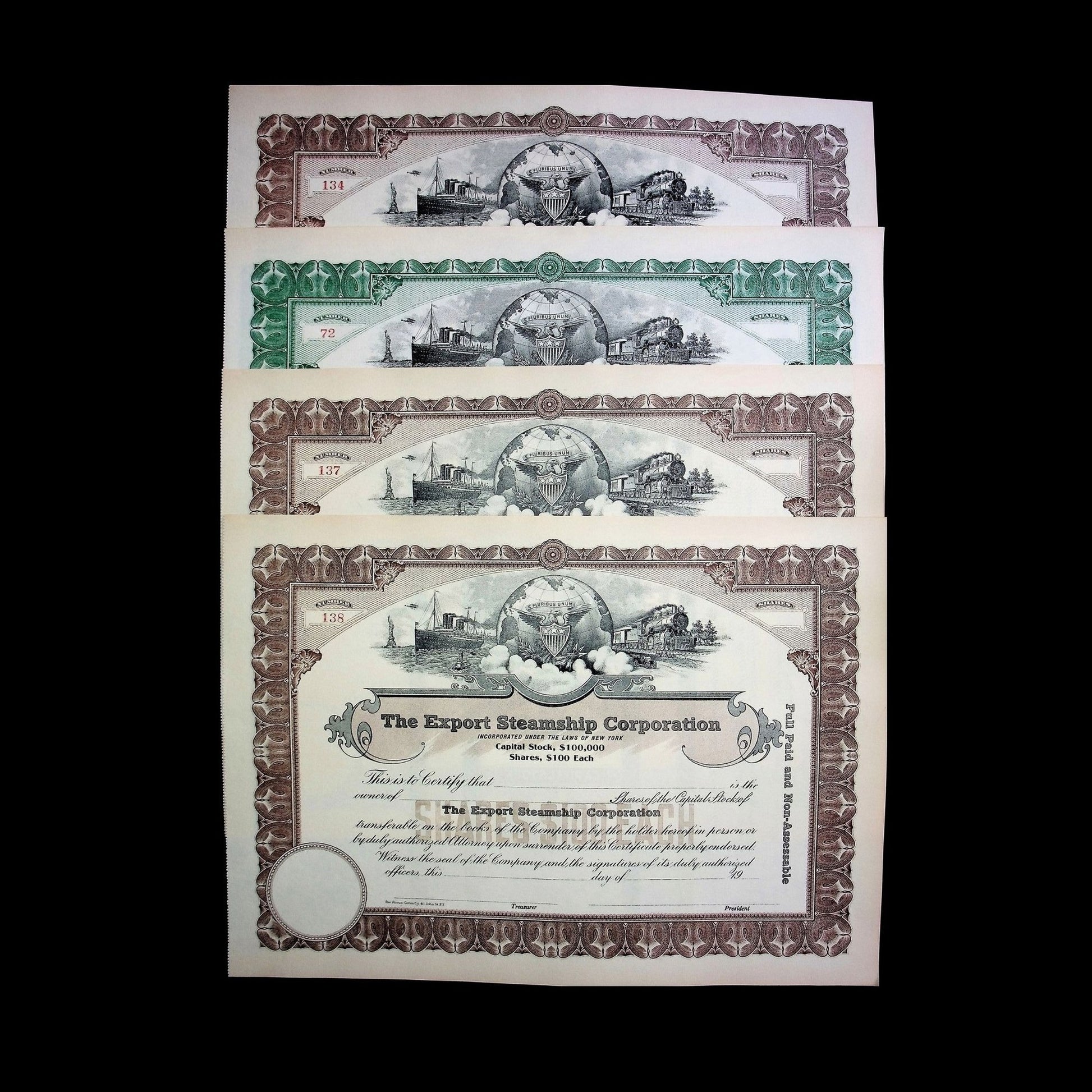 The Export Steamship Corporation Stock Certificate from 1910s