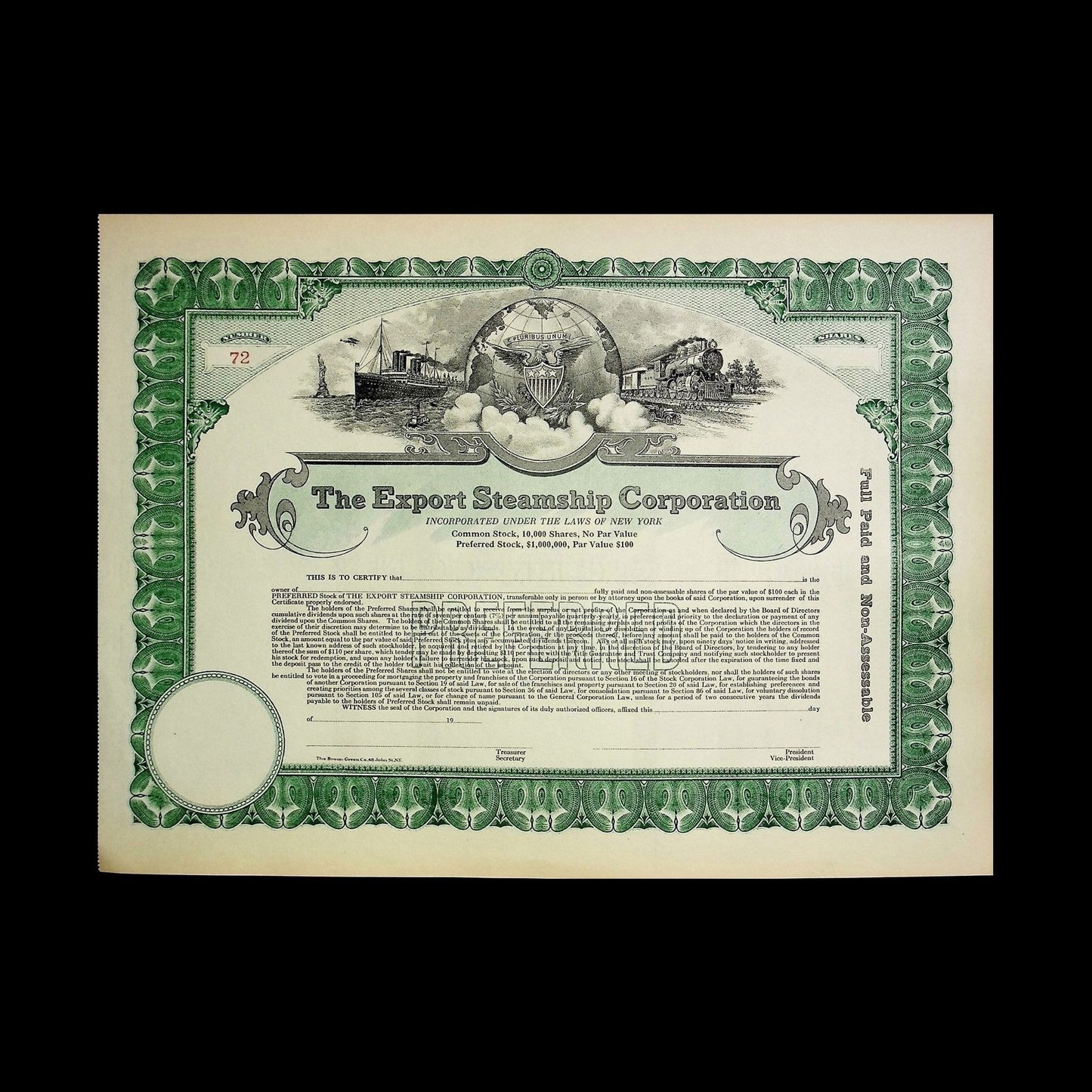 The Export Steamship Corporation Stock Certificate from 1910s