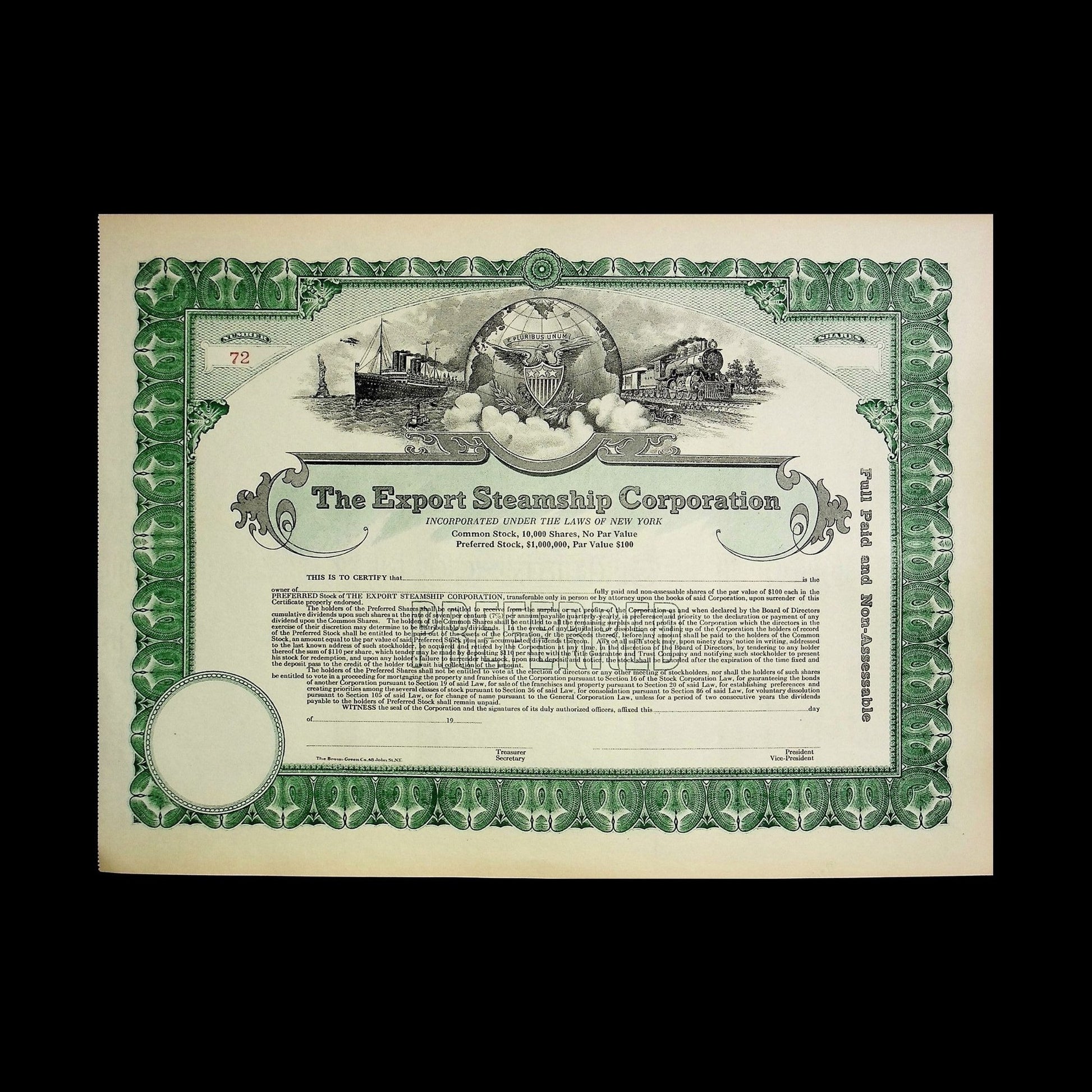 The Export Steamship Corporation Stock Certificate from 1910s