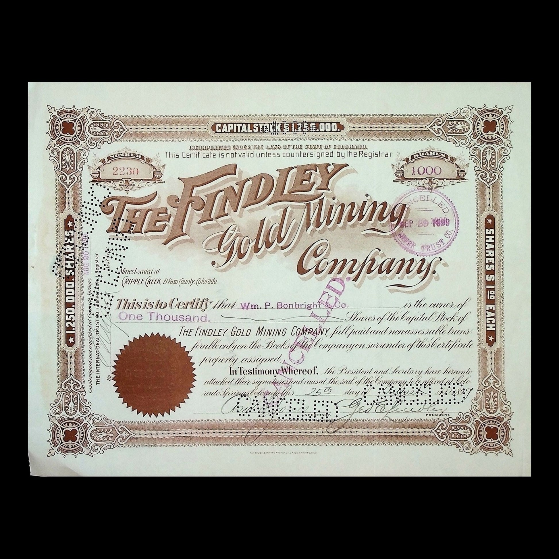 The Findley Gold Mining Company Stock Certificate from 1899