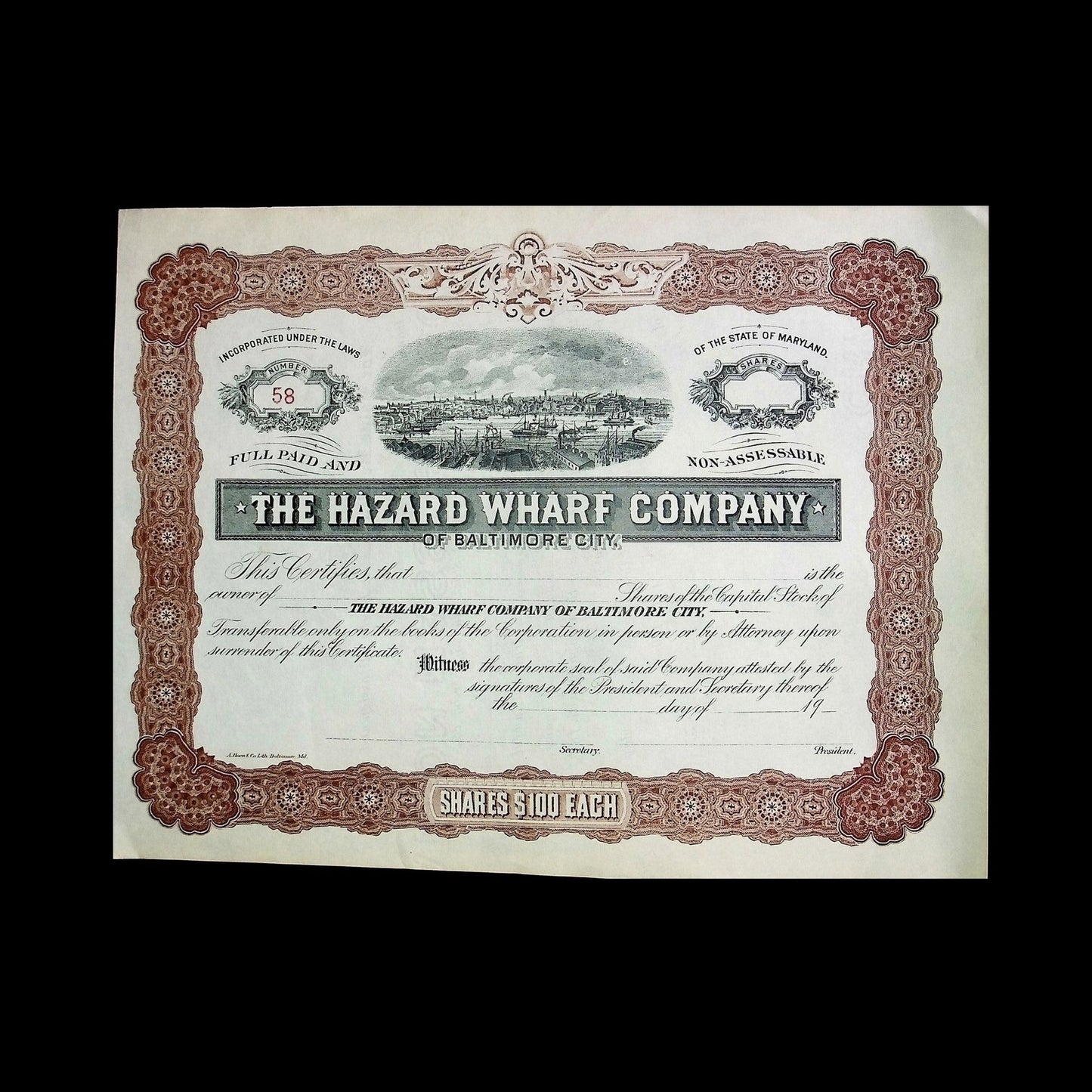 The Hazard Wharf Company of Baltimore City Stock Certificate