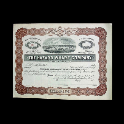 The Hazard Wharf Company of Baltimore City Stock Certificate