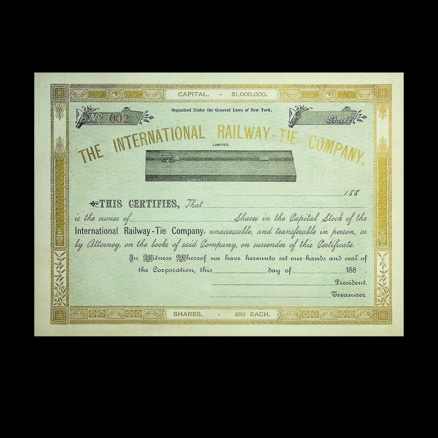 International Railway-Tie Company Stock Certificate from 1880s