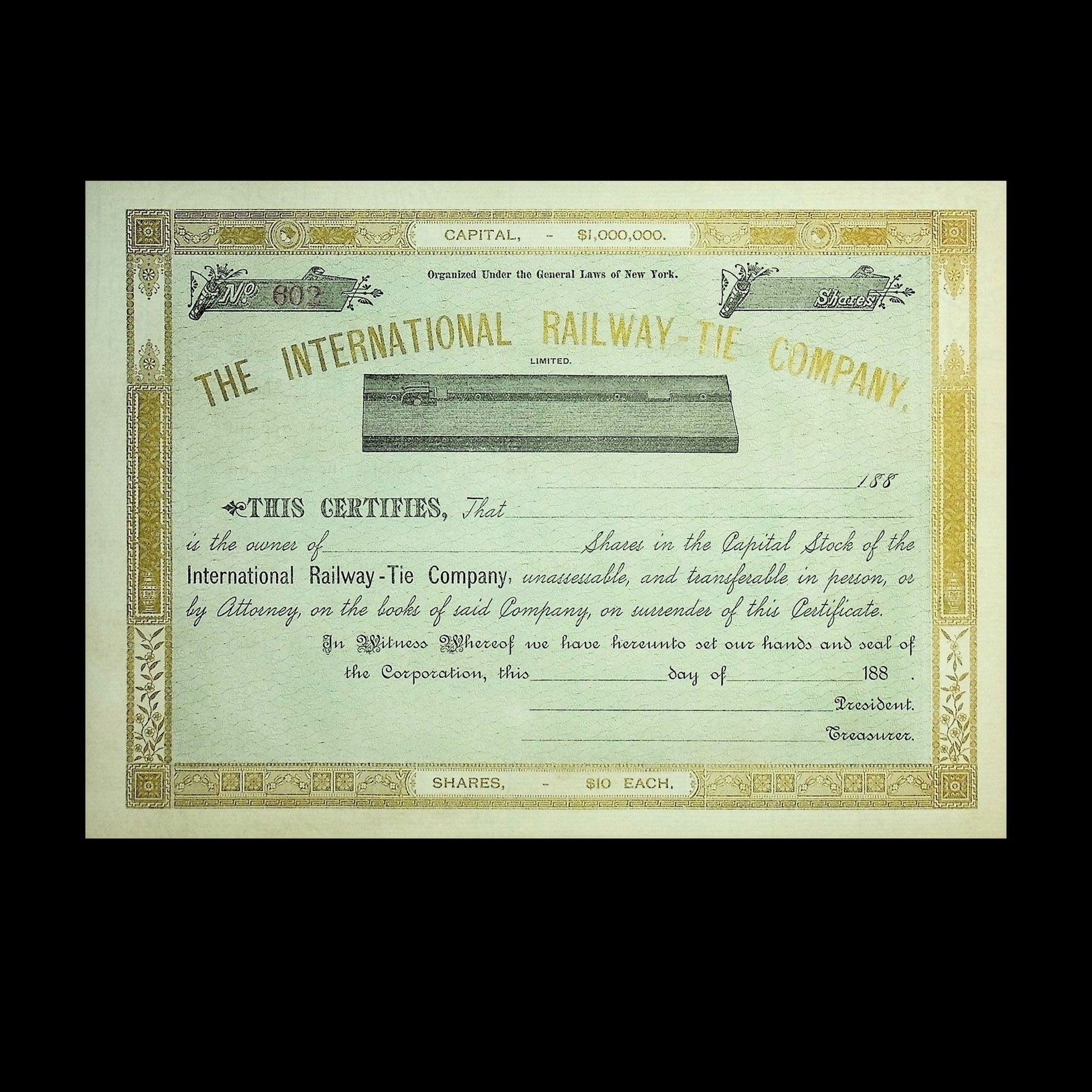 International Railway-Tie Company Stock Certificate from 1880s