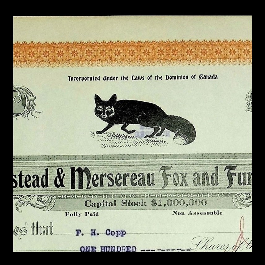 Keirstead & Mersereau Fox and Fur Company Stock Certificate from 1914