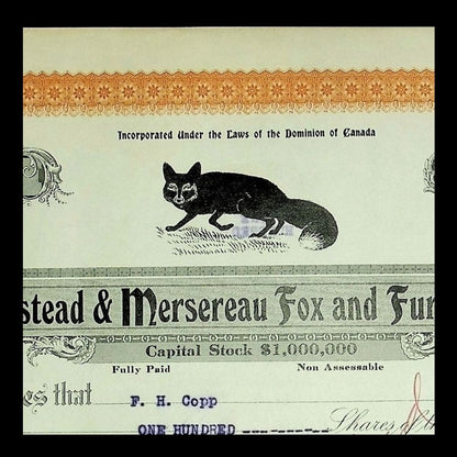 Keirstead & Mersereau Fox and Fur Company Stock Certificate from 1914