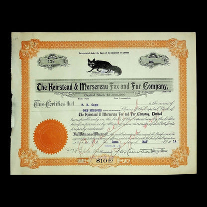 Keirstead & Mersereau Fox and Fur Company Stock Certificate from 1914