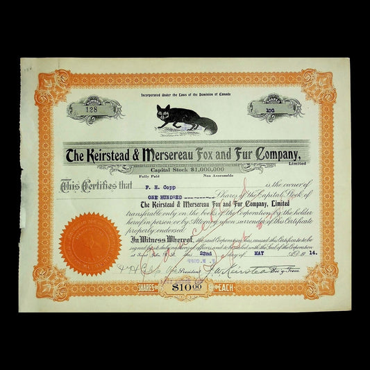 Keirstead & Mersereau Fox and Fur Company Stock Certificate from 1914