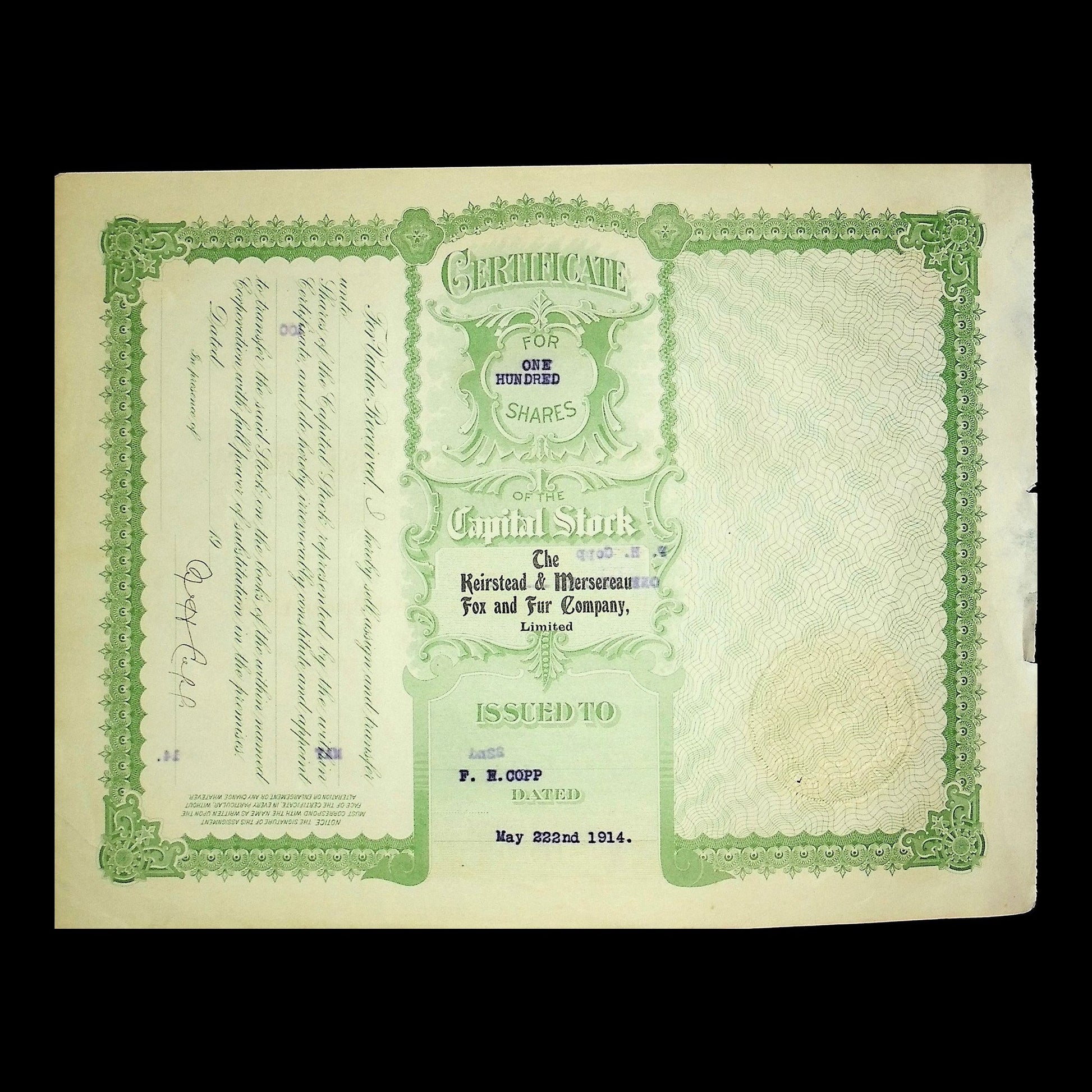 Keirstead & Mersereau Fox and Fur Company Stock Certificate from 1914