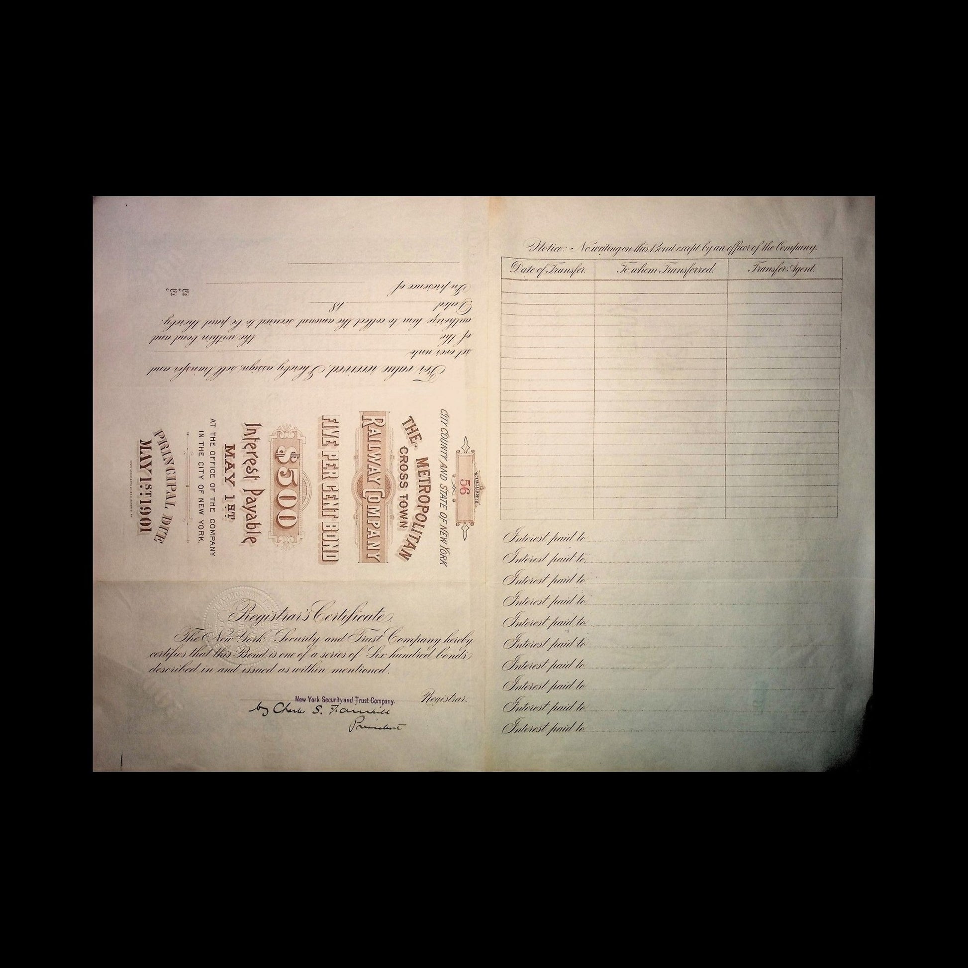 Metropolitan Cross-Town Railway Company Bond from 1902