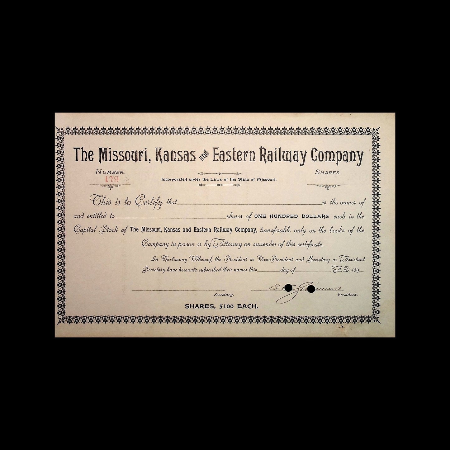 Missouri, Kansas and Eastern Railway Company Stock Certificate from 1890s