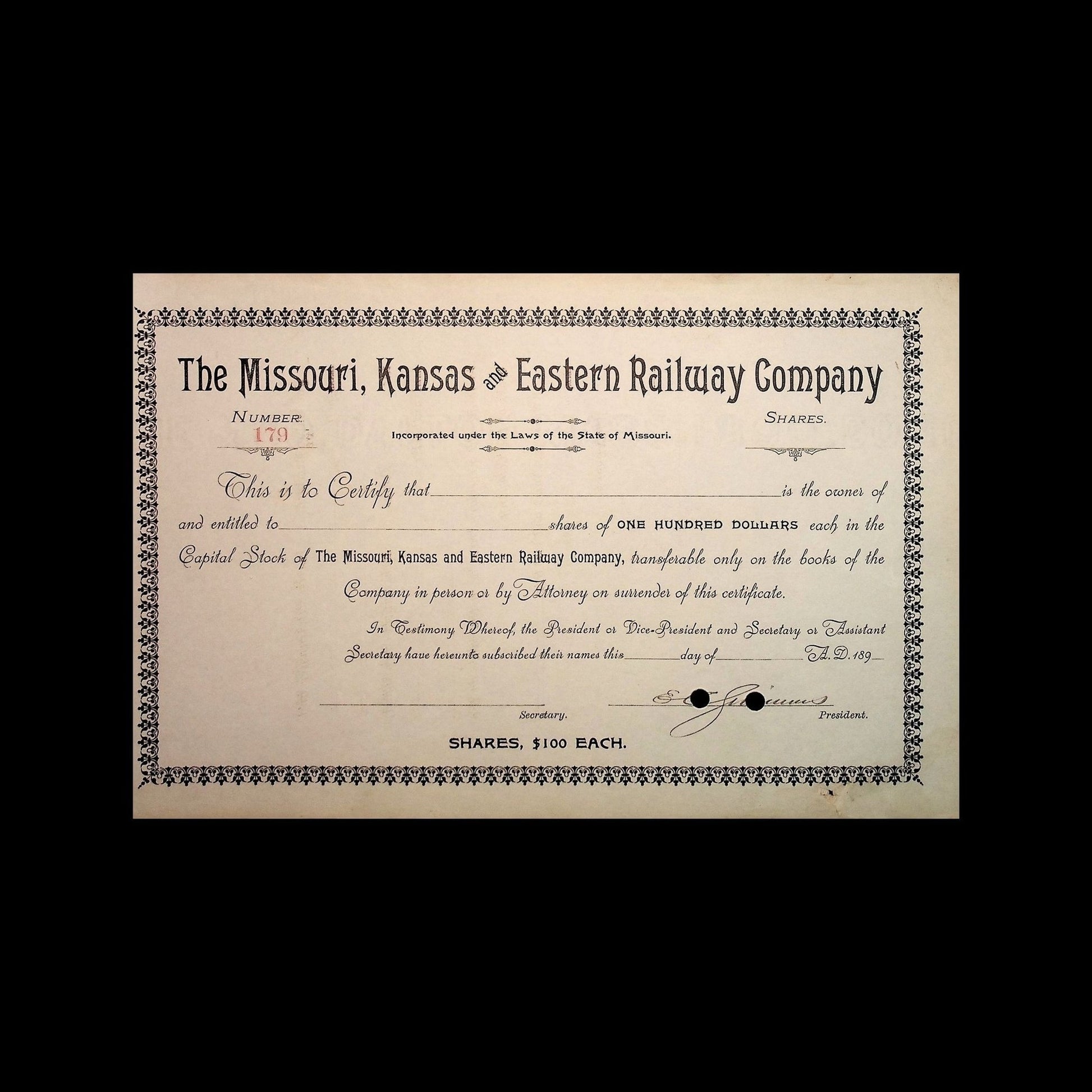 Missouri, Kansas and Eastern Railway Company Stock Certificate from 1890s