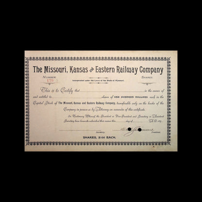 Missouri, Kansas and Eastern Railway Company Stock Certificate from 1890s