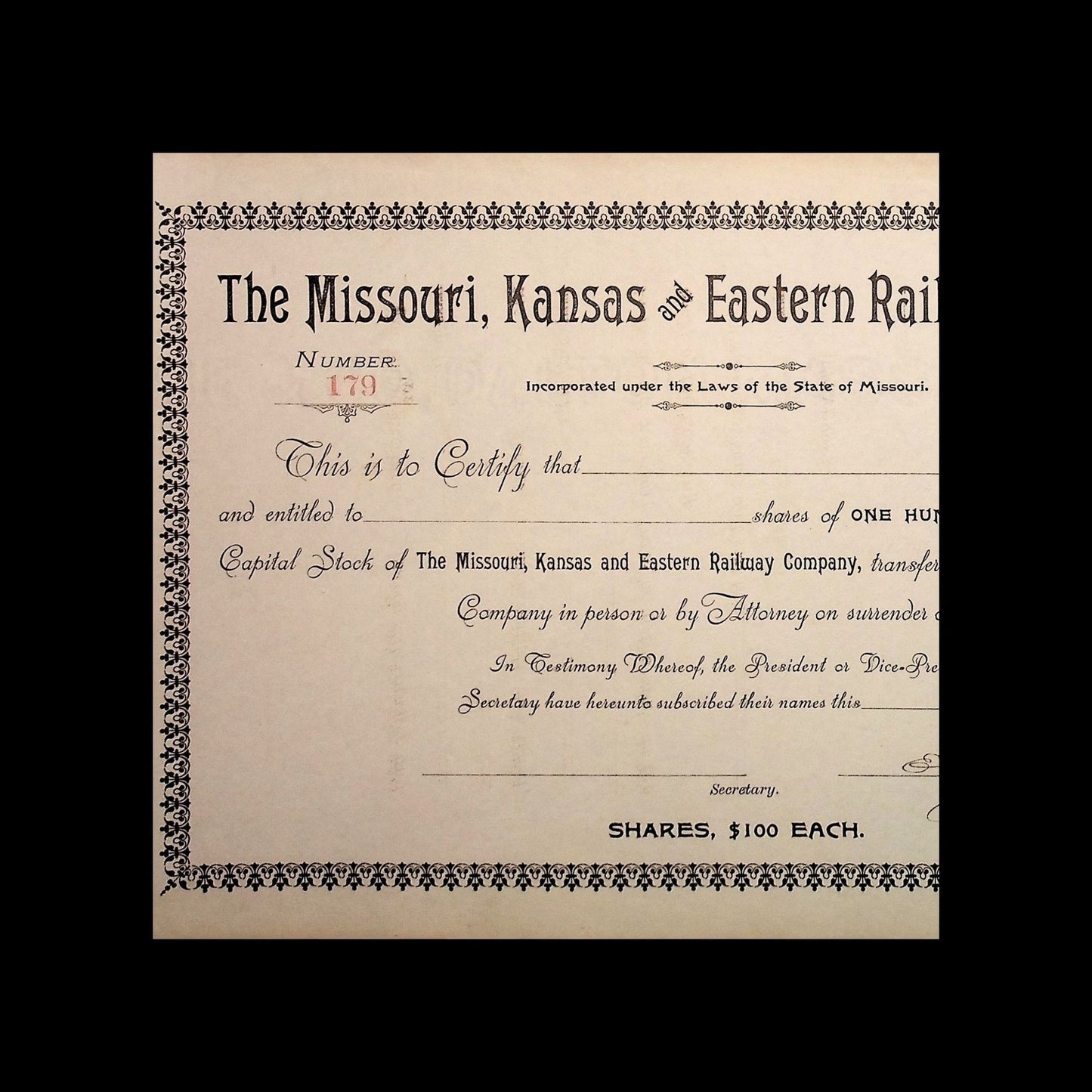 Missouri, Kansas and Eastern Railway Company Stock Certificate from 1890s