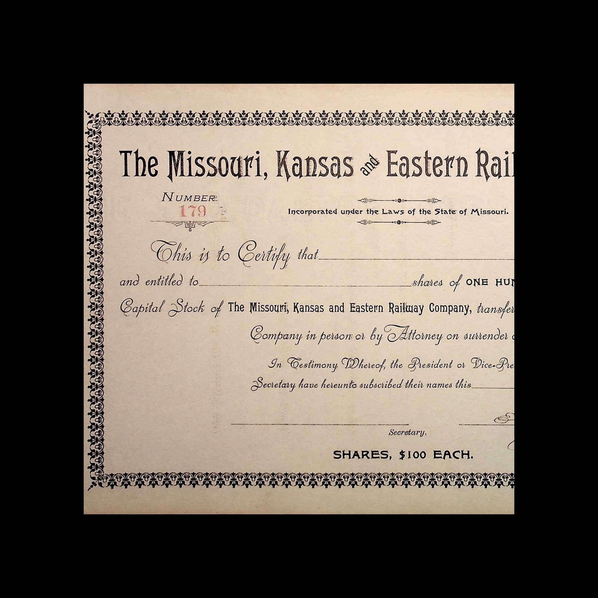 Missouri, Kansas and Eastern Railway Company Stock Certificate from 1890s
