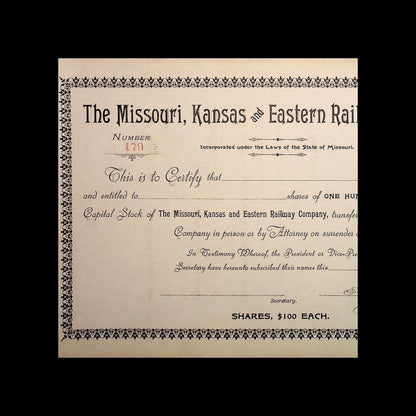 Missouri, Kansas and Eastern Railway Company Stock Certificate from 1890s