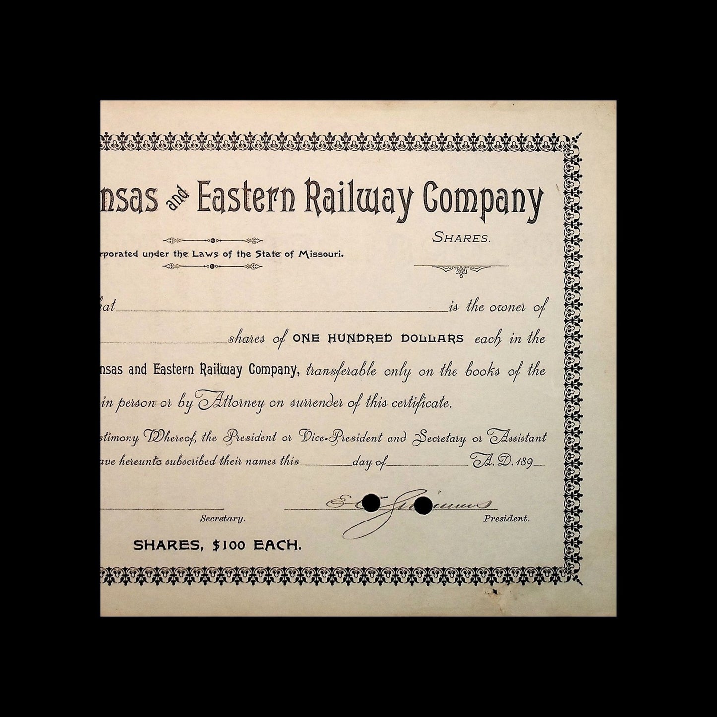 Missouri, Kansas and Eastern Railway Company Stock Certificate from 1890s