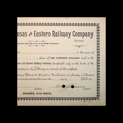 Missouri, Kansas and Eastern Railway Company Stock Certificate from 1890s