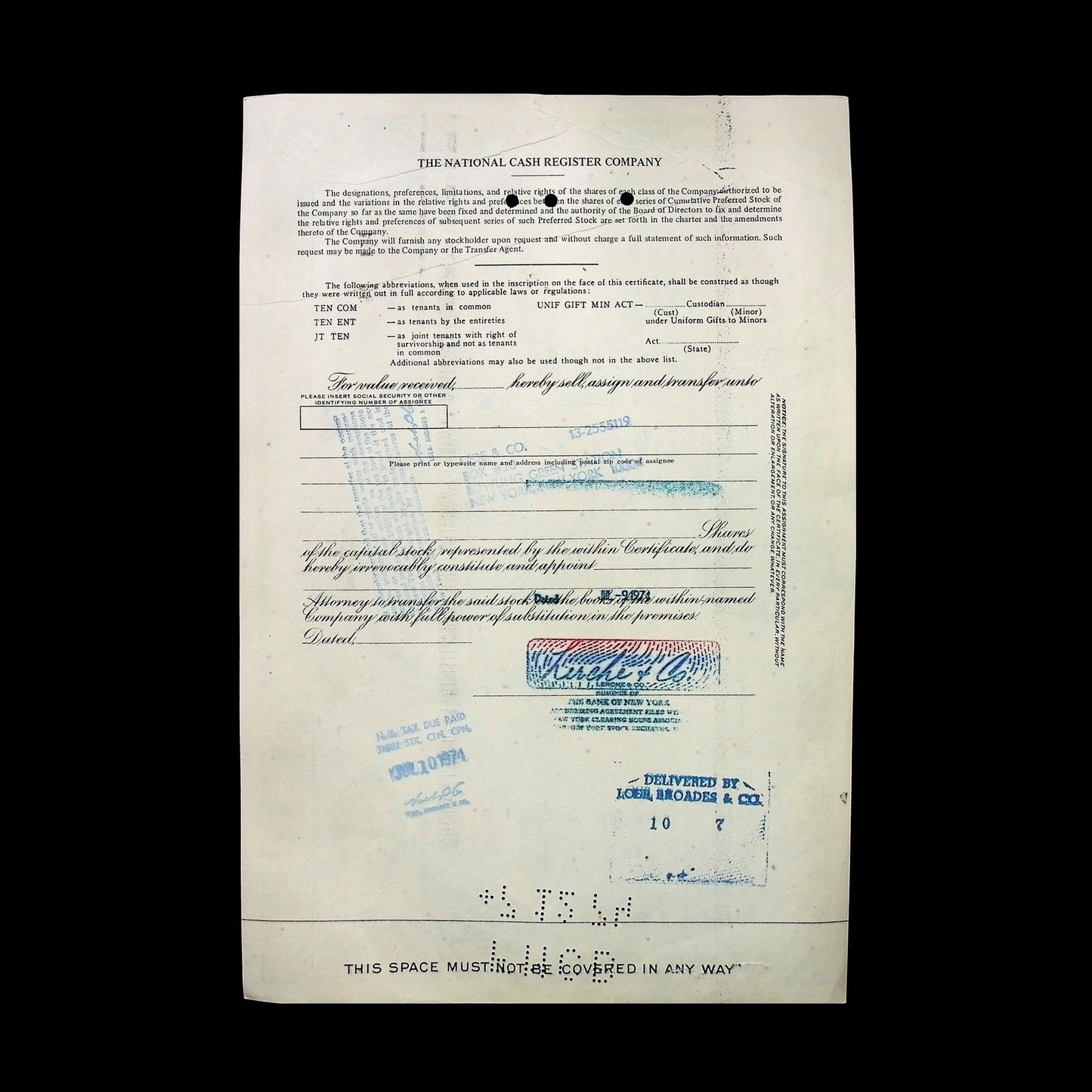 The National Cash Register Company Stock Certificate from 1974