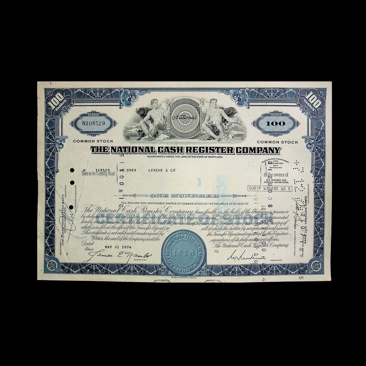 The National Cash Register Company Stock Certificate from 1974