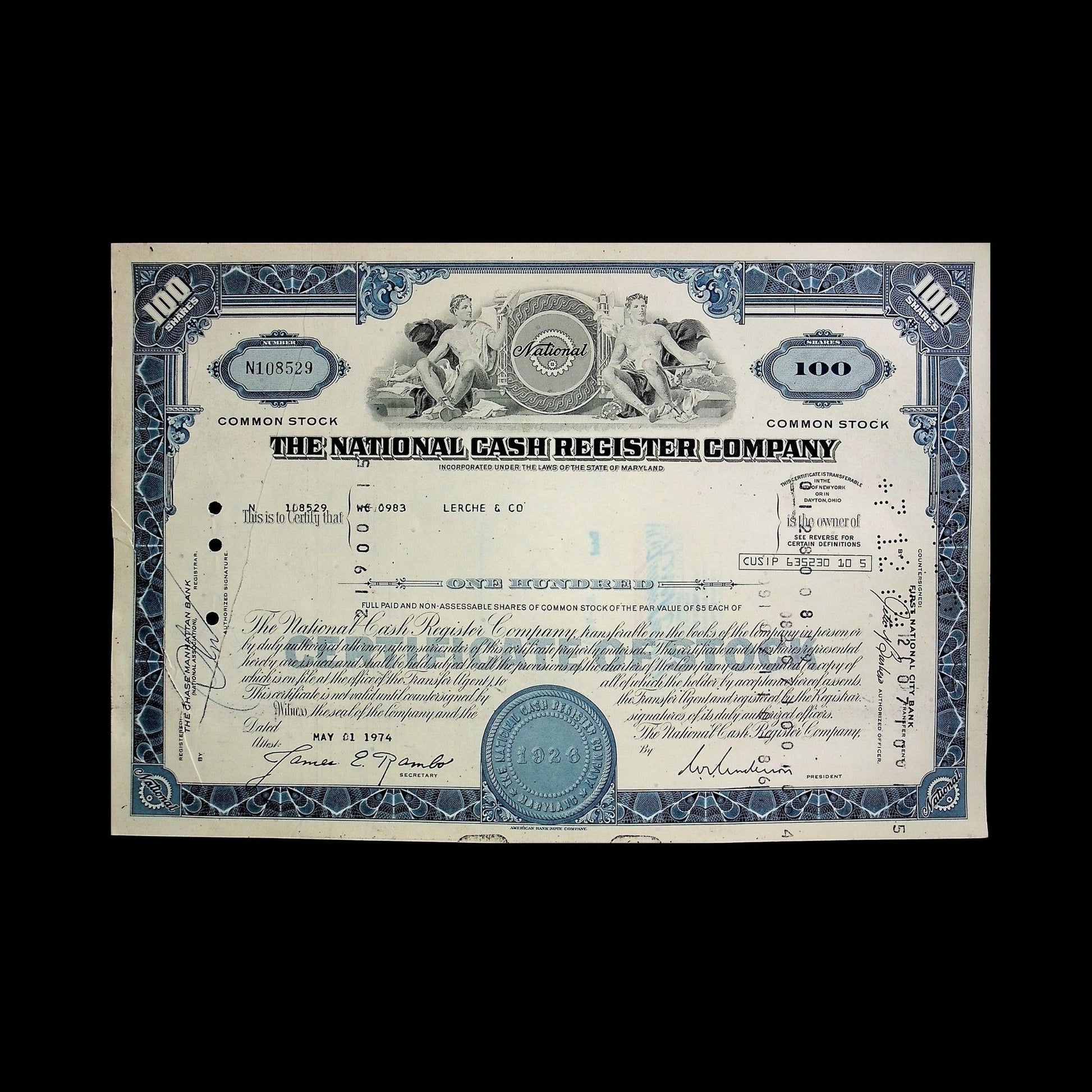 The National Cash Register Company Stock Certificate from 1974