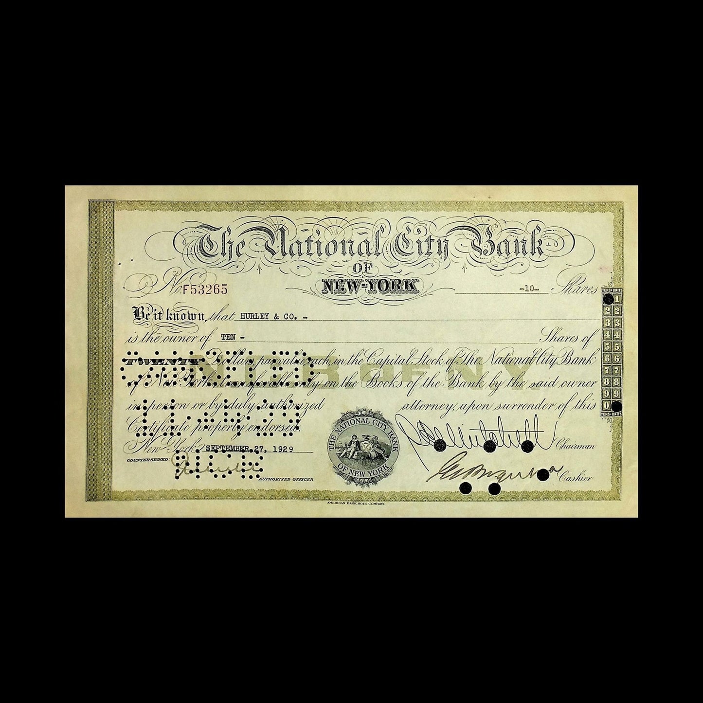 National City Bank of New York Stock Certificate from 1929