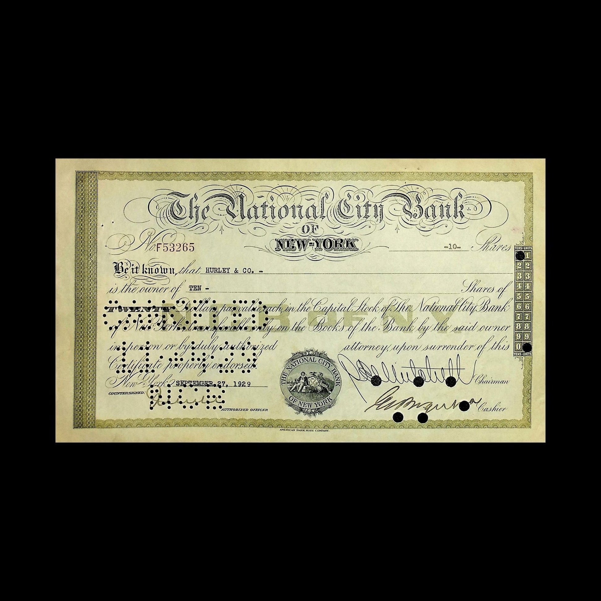 National City Bank of New York Stock Certificate from 1929