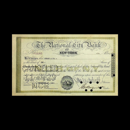 National City Bank of New York Stock Certificate from 1929