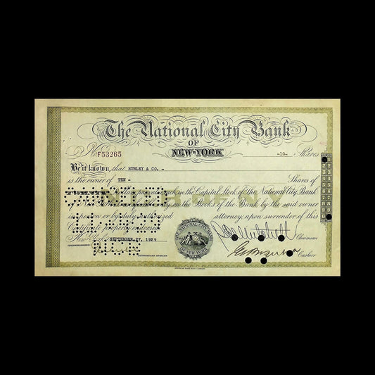 National City Bank of New York Stock Certificate from 1929