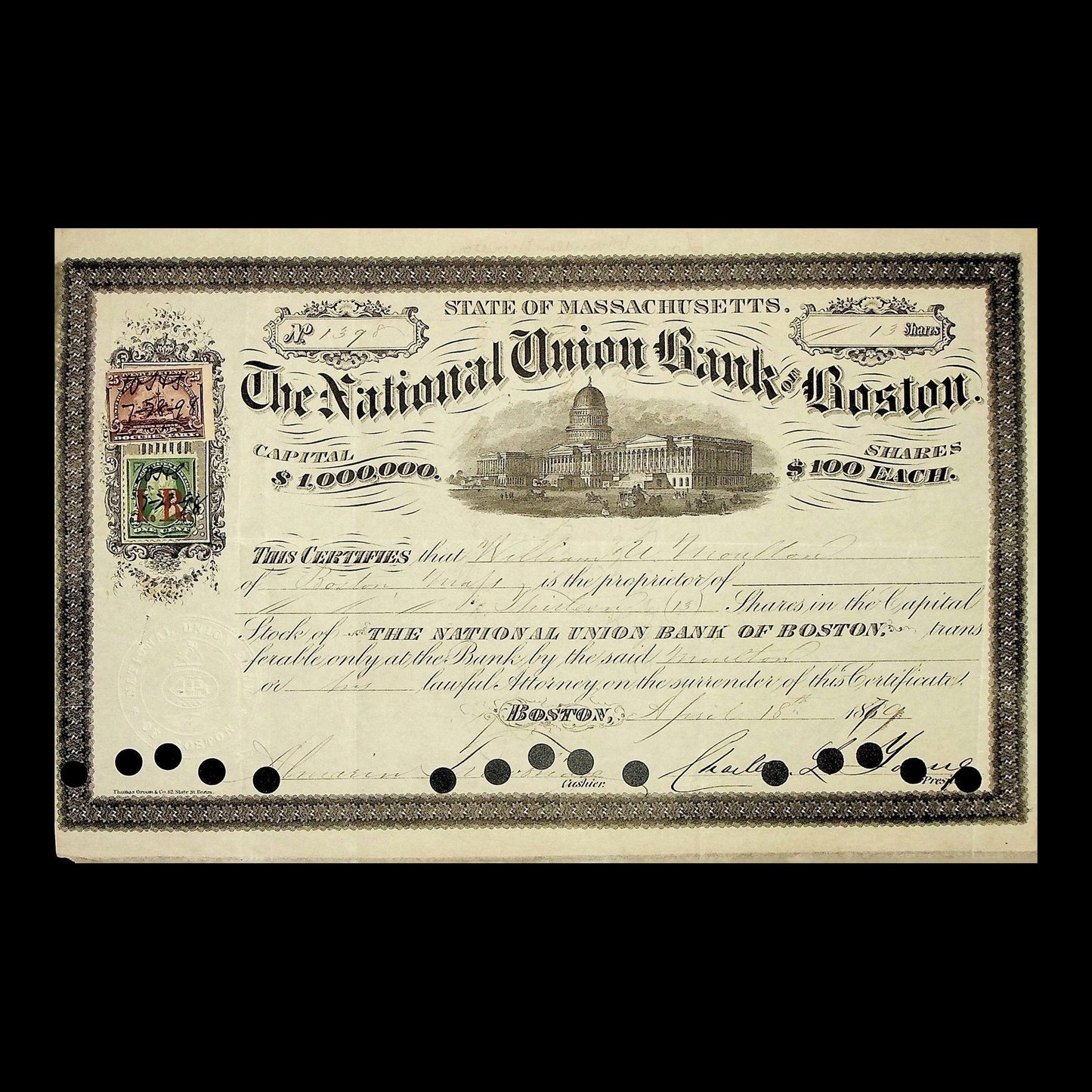 The National Union Bank of Boston Stock Certificate from 1879