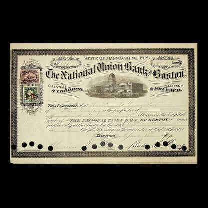 The National Union Bank of Boston Stock Certificate from 1879