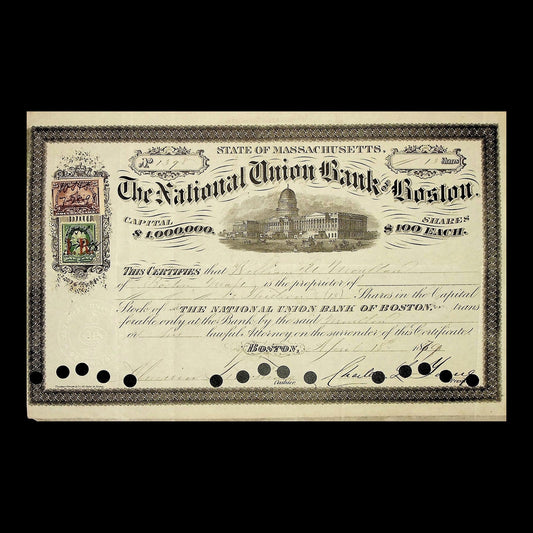 The National Union Bank of Boston Stock Certificate from 1879