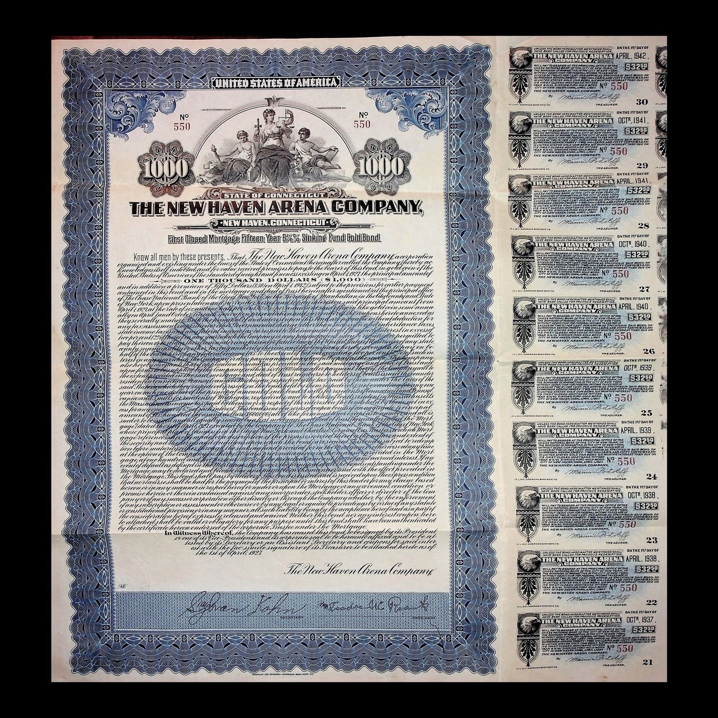 New Haven Arena Company Bond from Early 1900s