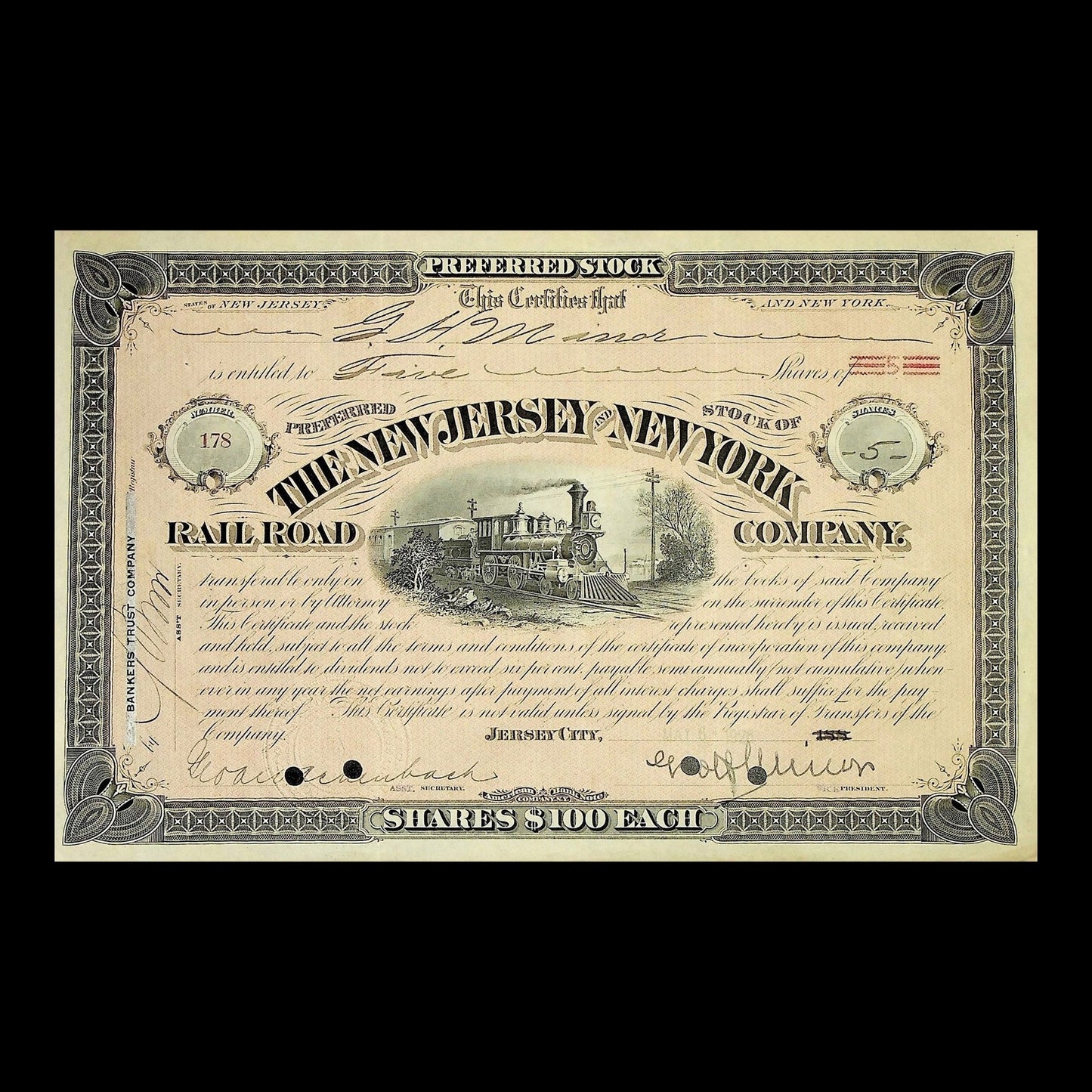The New Jersey & New York Railroad Company Stock Certificate