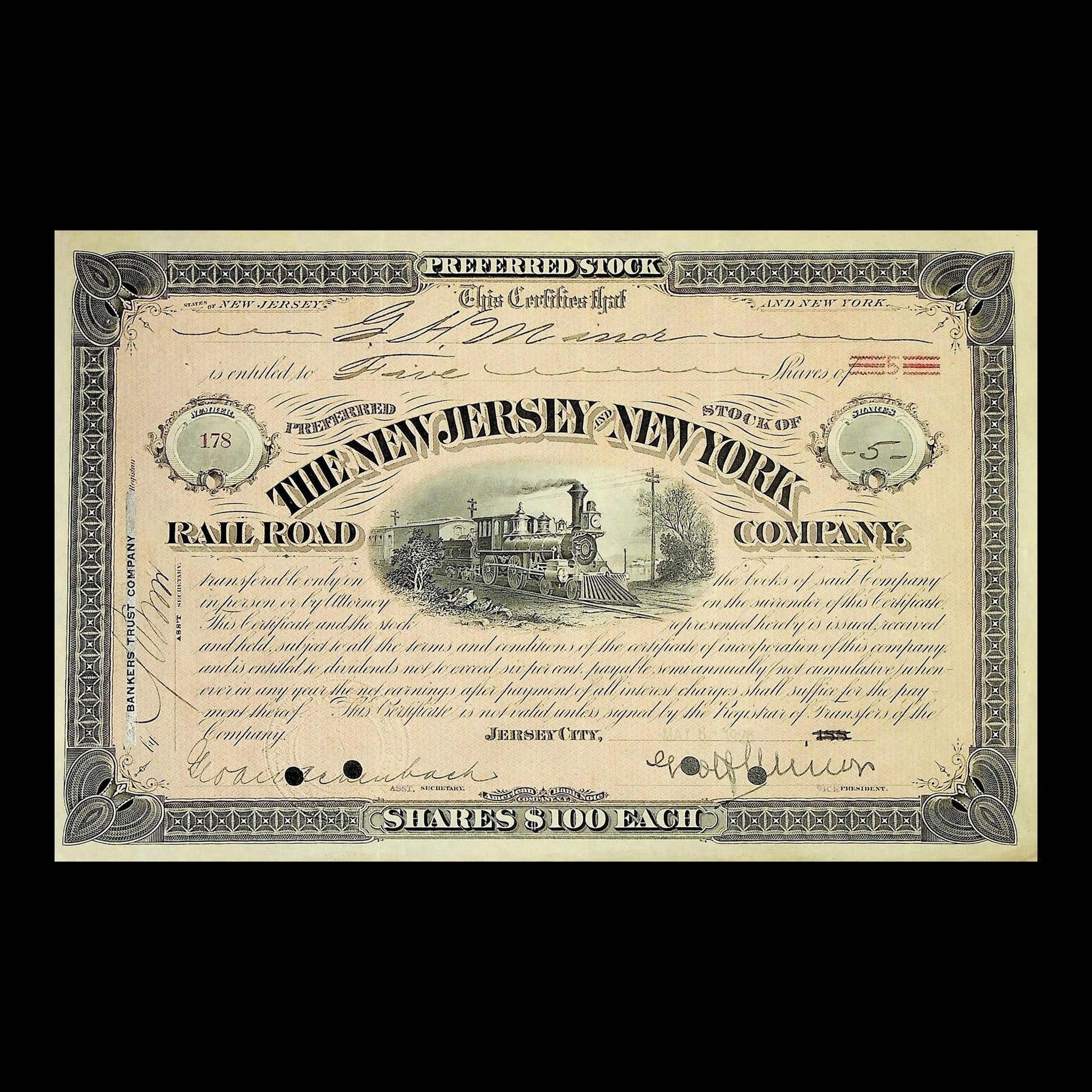 The New Jersey & New York Railroad Company Stock Certificate
