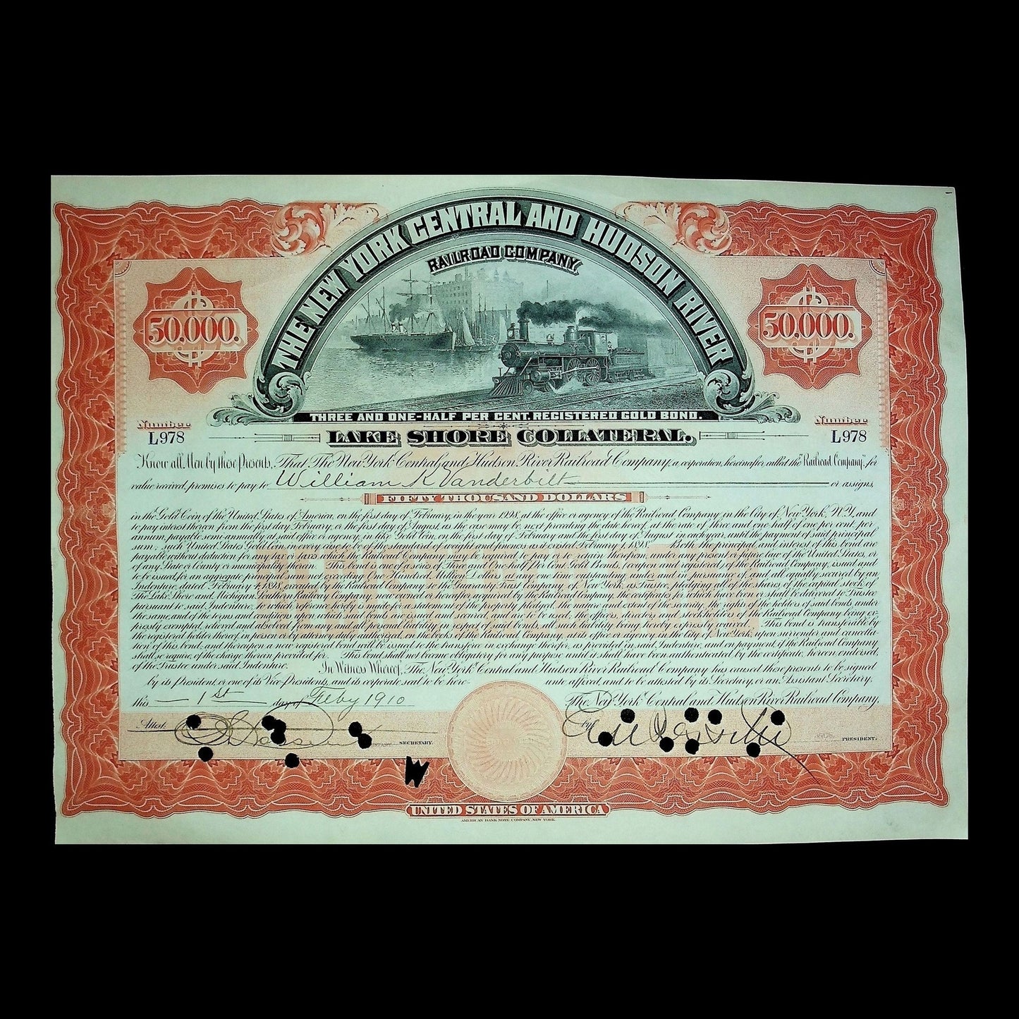 New York Central and Hudson River Railroad Company Bond from 1891