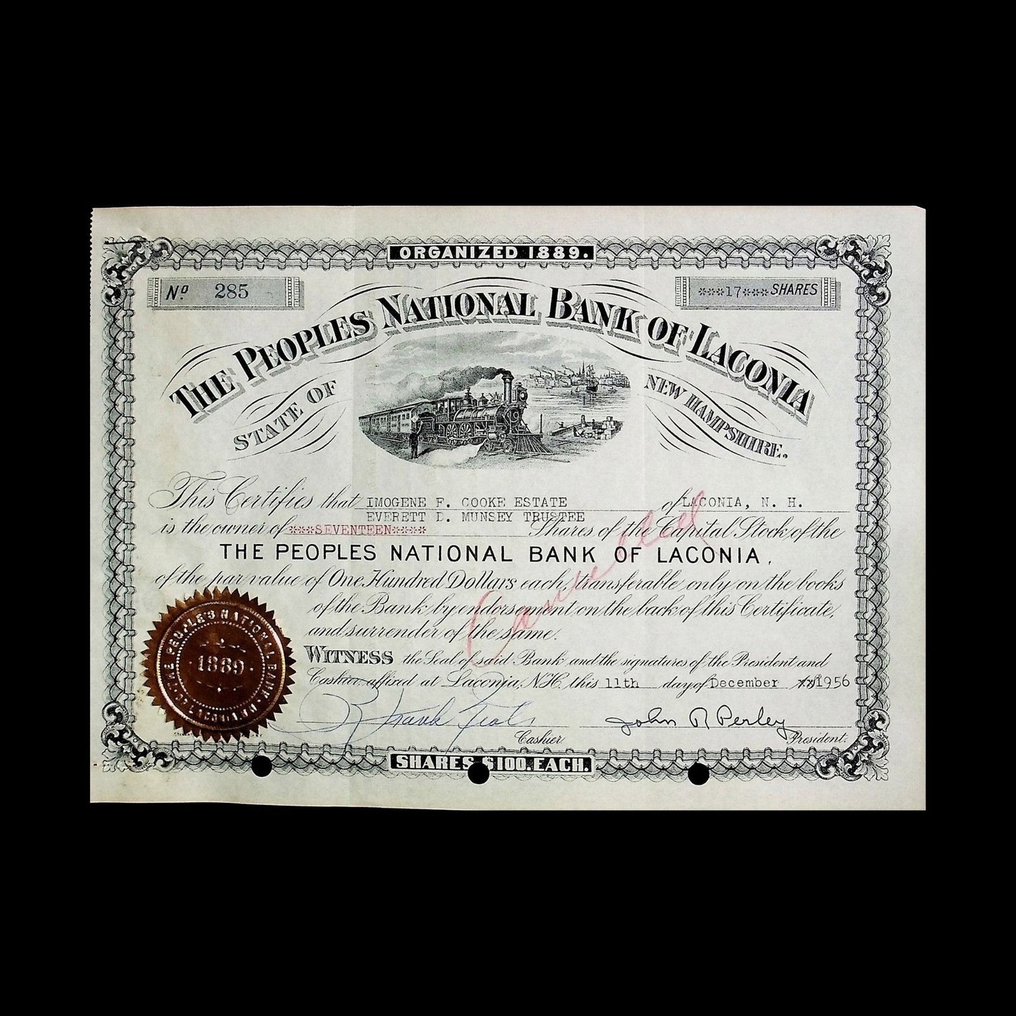 The People's National Bank of Laconia Stock Certificate from 1956
