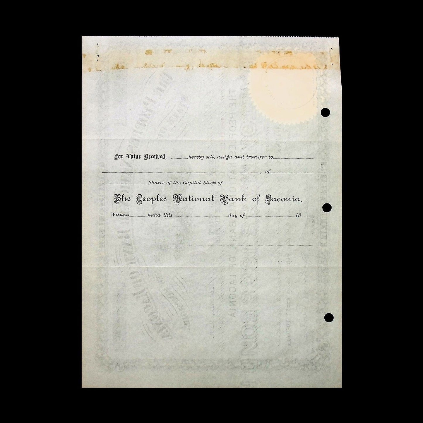 The Peoples National Bank of Laconia Stock Certificate from 1957