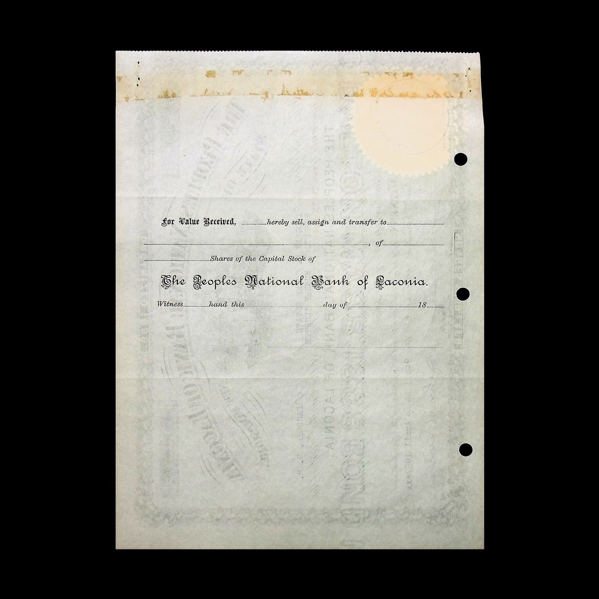 The Peoples National Bank of Laconia Stock Certificate from 1957