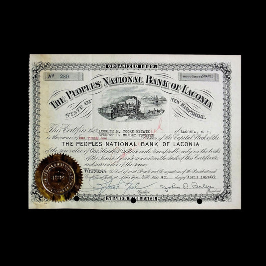 The Peoples National Bank of Laconia Stock Certificate from 1957
