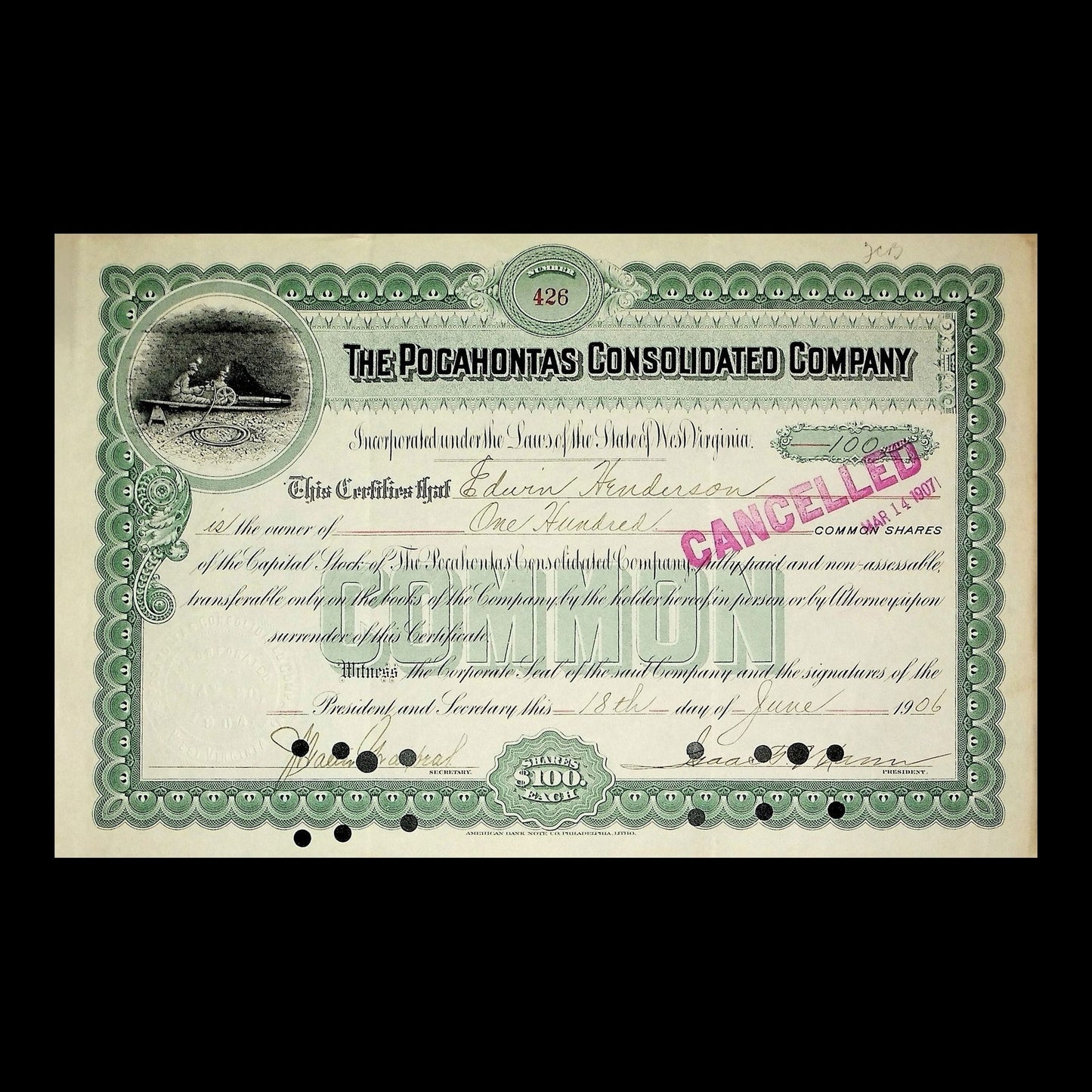 The Pocahontas Consolidated Company Stock Certificate from 1906