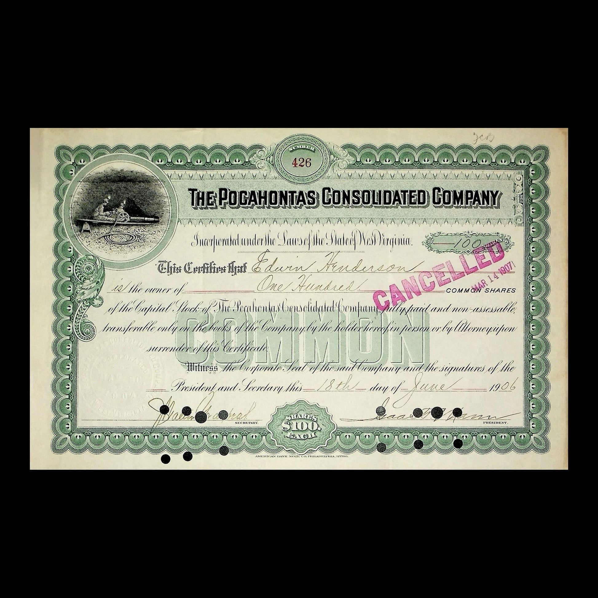 The Pocahontas Consolidated Company Stock Certificate from 1906