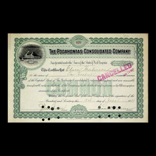 The Pocahontas Consolidated Company Stock Certificate from 1906