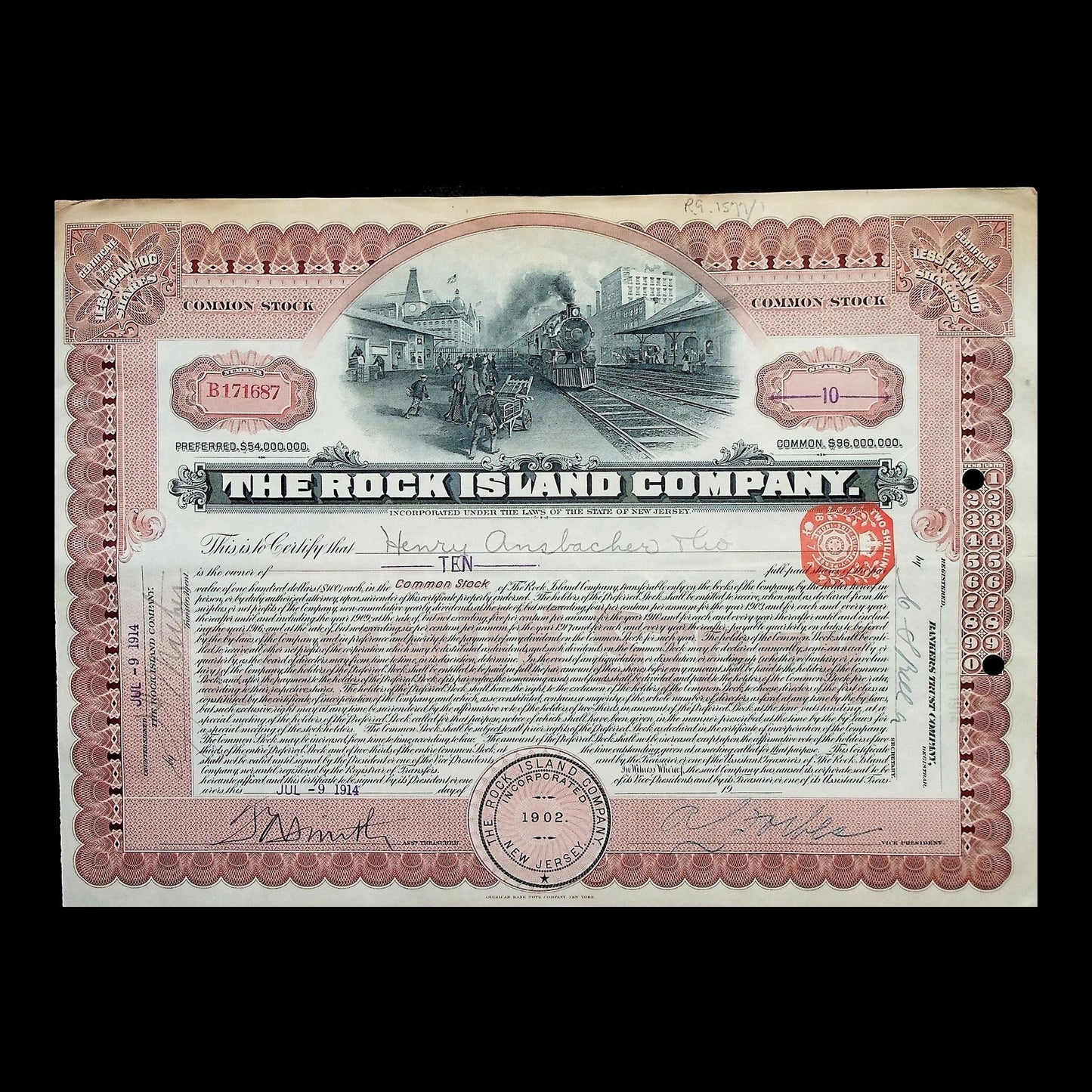 The Rock Island Company Stock Certificate from 1914