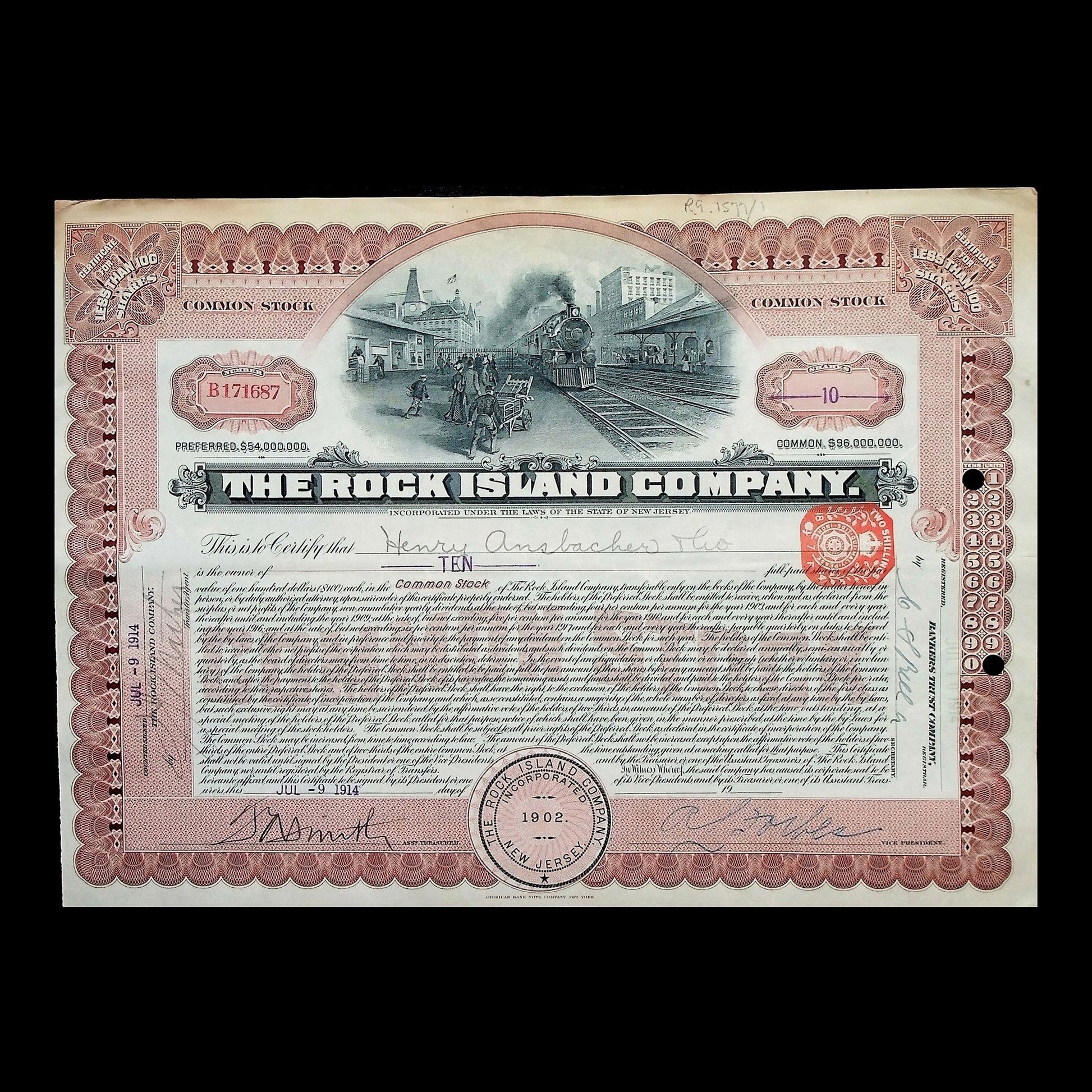 The Rock Island Company Stock Certificate from 1914