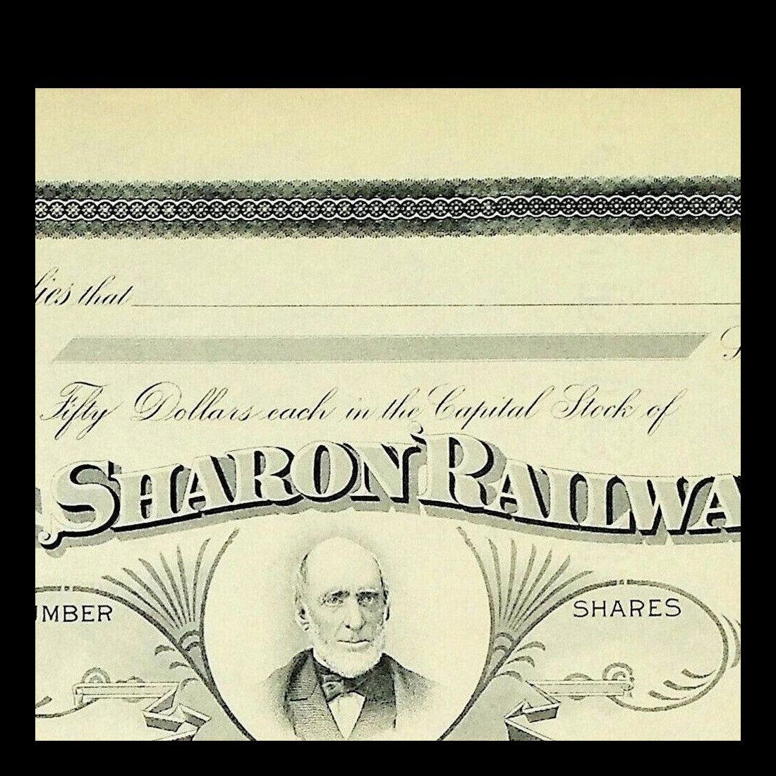 The Sharon Railway Stock Certificate from 19th Century