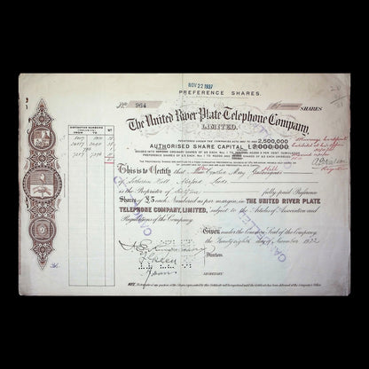 United River Plate Telephone Company Stock Certificate from 1932
