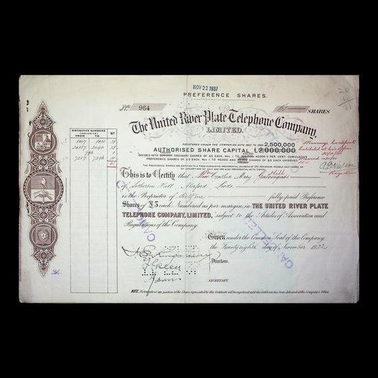 United River Plate Telephone Company Stock Certificate from 1932
